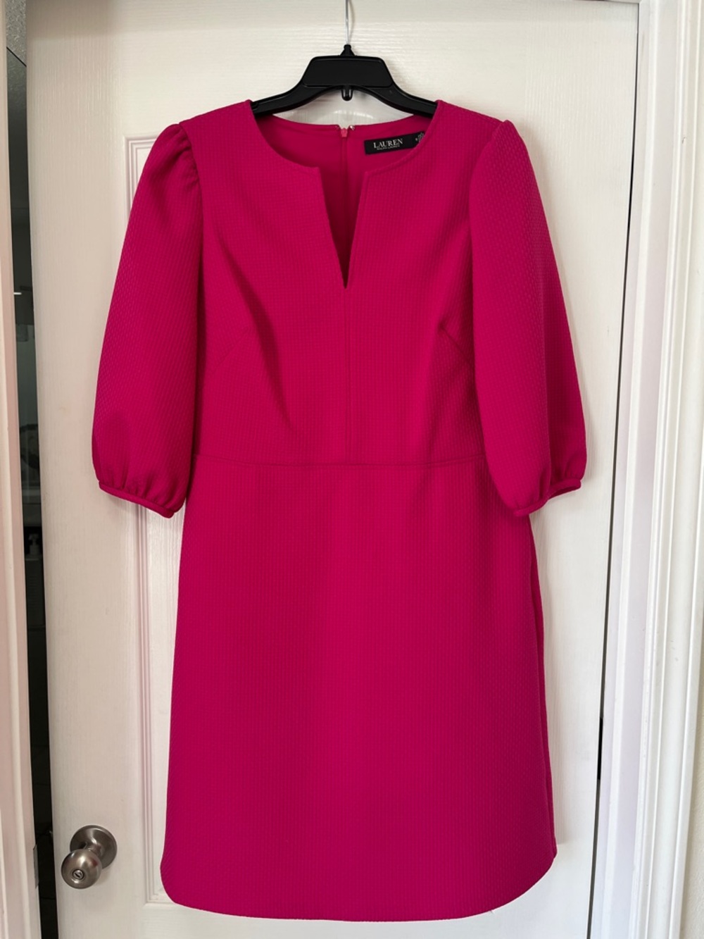 Lauren Ralph Lauren Hot Pink Notch-Neck Puff-Sleeve Shift Dress